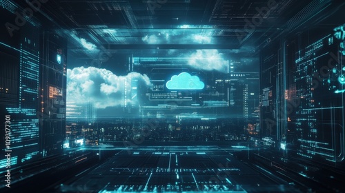 Futuristic Cyber City with a Cloud Icon in the Center