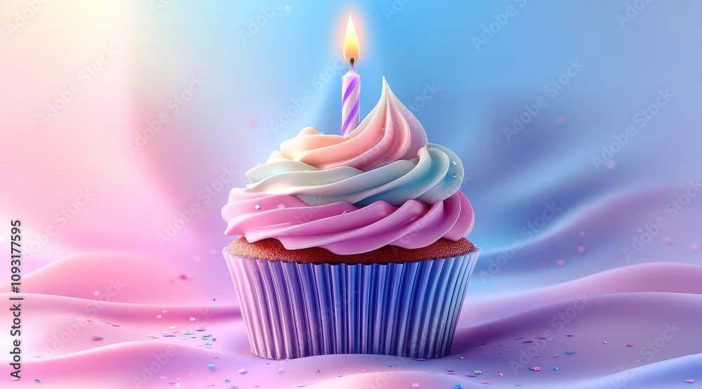 A Colorful Cupcake with Swirled Frosting and a Birthday Candle on Soft Pastel Background for Celebratory Themes and Sweet Treats A Colorful Cupcake with Swirled Frosting and a Birthday Candle on Soft Pastel Background for Celebratory Themes and Sweet Treats