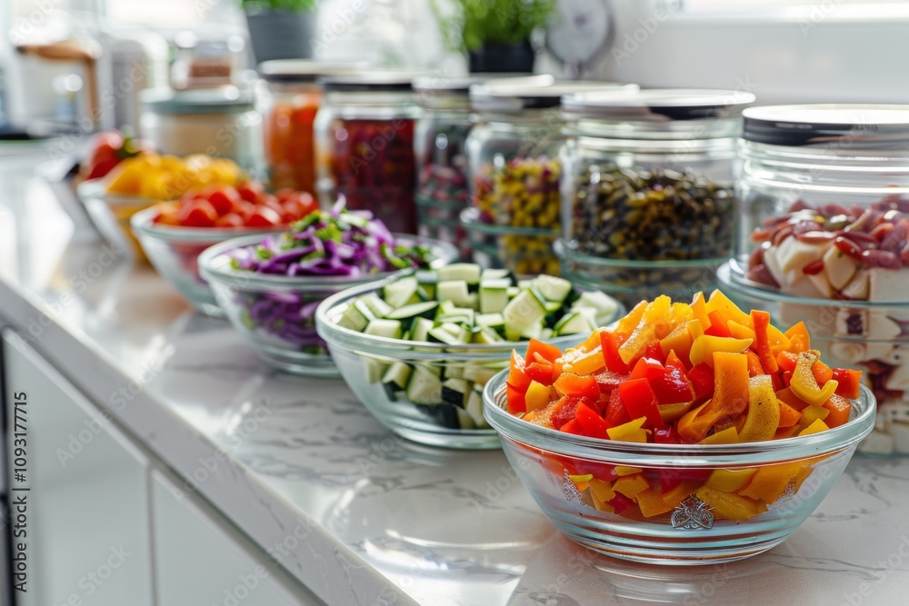 Freshly chopped vegetables displayed in clear bowls Freshly chopped vegetables displayed in clear bowls