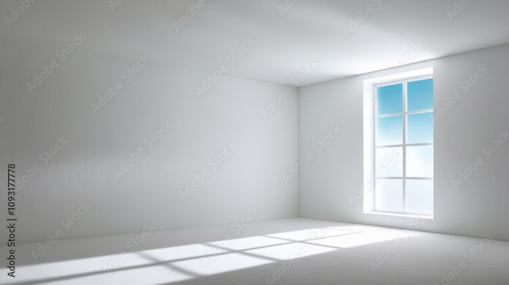 Abstract white studio background for product presentation. Empty room with shadows of window. Display product with blurred backdrop