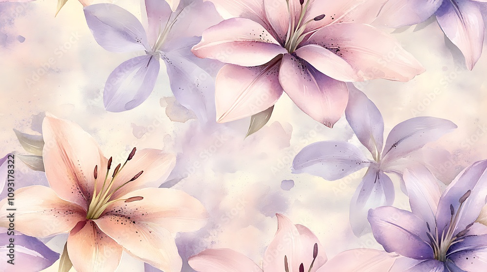 Watercolor seamless design of pastel lilies, light shades of blush pink and lavender, delicate petals, soft green foliage, airy and elegant arrangement, loose hand-drawn style, intricate textures, Watercolor seamless design of pastel lilies, light shades of blush pink and lavender, delicate petals, soft green foliage, airy and elegant arrangement, loose hand-drawn style, intricate textures,