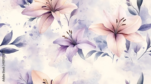 Watercolor seamless design of pastel lilies, light shades of blush pink and lavender, delicate petals, soft green foliage, airy and elegant arrangement, loose hand-drawn style, intricate textures,