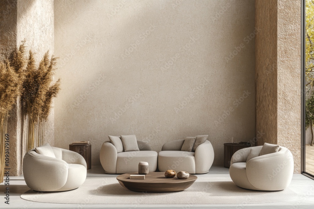 Simple and Elegant Living Room with Blank Wall Mockup, Neutral Tones, Soft Furniture, and Minimalist Lighting