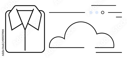 Shirt and cloud icon with speed lines and small circles. Ideal for online shopping, fast delivery, cloud storage, fashion, digital infrastructure, technology services, remote servers. Line metaphor