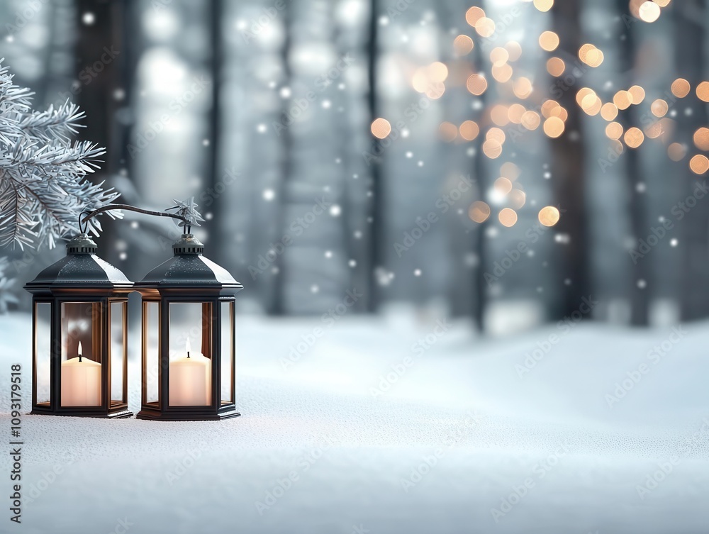 Snowy forest with glowing Christmas lanterns, mystical winter scene, 3D illustration Snowy forest with glowing Christmas lanterns, mystical winter scene, 3D illustration