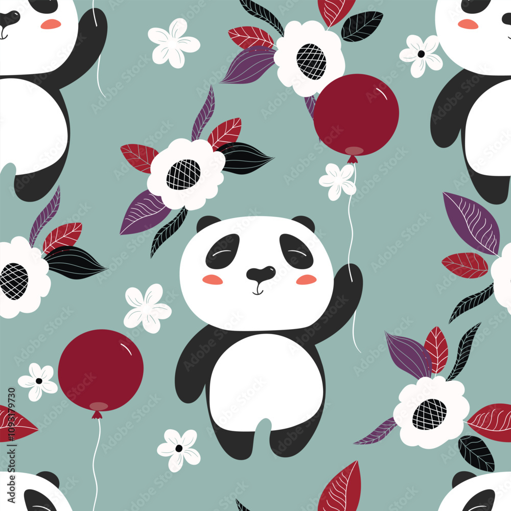 Obraz premium Seamless pattern with cute panda baby on color background. Funny asian animals. Card, postcards for kids. Flat vector illustration for fabric, textile, wallpaper, poster, gift wrapping paper.