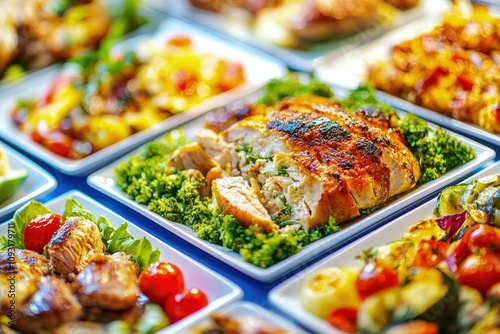 A colorful display of various delicious dishes, featuring juicy roasted chicken, fresh vegetables, and vibrant salads.