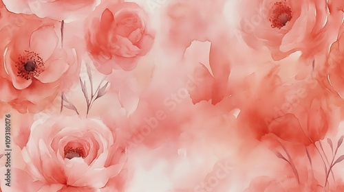 Watercolor seamless pattern featuring soft pastel ranunculus, delicate clusters of leaves, hand-painted in loose strokes, airy and intricate design, fluid floral details, muted blush and peach tones,