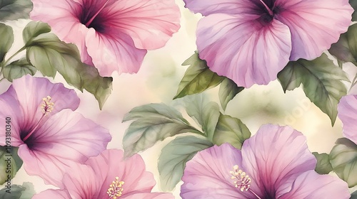 Watercolor seamless pattern of hibiscus flowers, pastel shades of blush pink and lavender, soft green leaves, loose painting technique, delicate floral details, light and airy, natural flow,