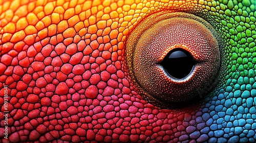 Obraz Close-Up of Chameleon Skin Showcasing Intricate Patterns and Vibrant Colors, Highlighting Unique Texture and Details Found in Reptilian Species