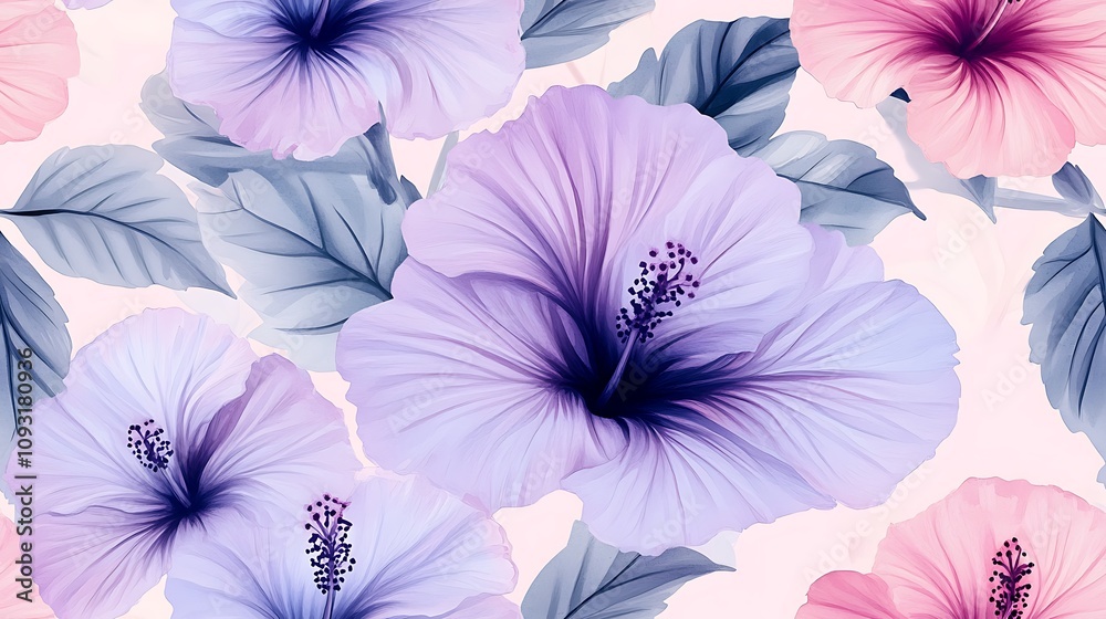 Watercolor seamless pattern with pastel hibiscus flowers, loose and fluid painting style, soft pink and lavender tones, delicate green leaves, hand-drawn details, airy composition, Watercolor seamless pattern with pastel hibiscus flowers, loose and fluid painting style, soft pink and lavender tones, delicate green leaves, hand-drawn details, airy composition,