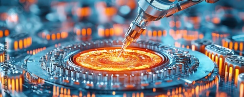 A futuristic machine applies a glowing liquid onto a circular, intricate base surrounded by vibrant lights, showcasing advanced technology and artistry.