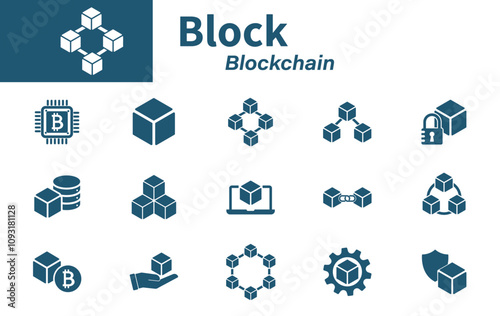 Block icon. Solid vector icon set about blockchain technology, 3d blocks, cryptocurrency, data security.