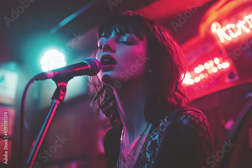 A dark-haired singer at microphone under karaoke signage, dramatic stage lighting, instant polaroid photo aesthetic. photo