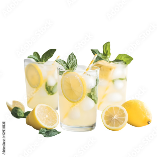 Freshly squeezed lemonade in a glass with lemon wedges and green leaves on a white background.