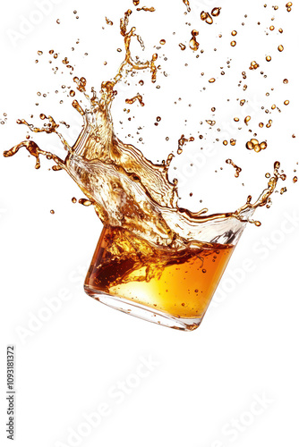 A vibrant splash of brewed tea soars in mid-air, isolated on white.