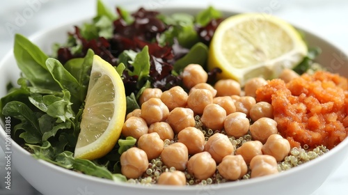 Healthy salad recipe with quinoa chickpeas and fresh vegetables kitchen food photography bright wellness