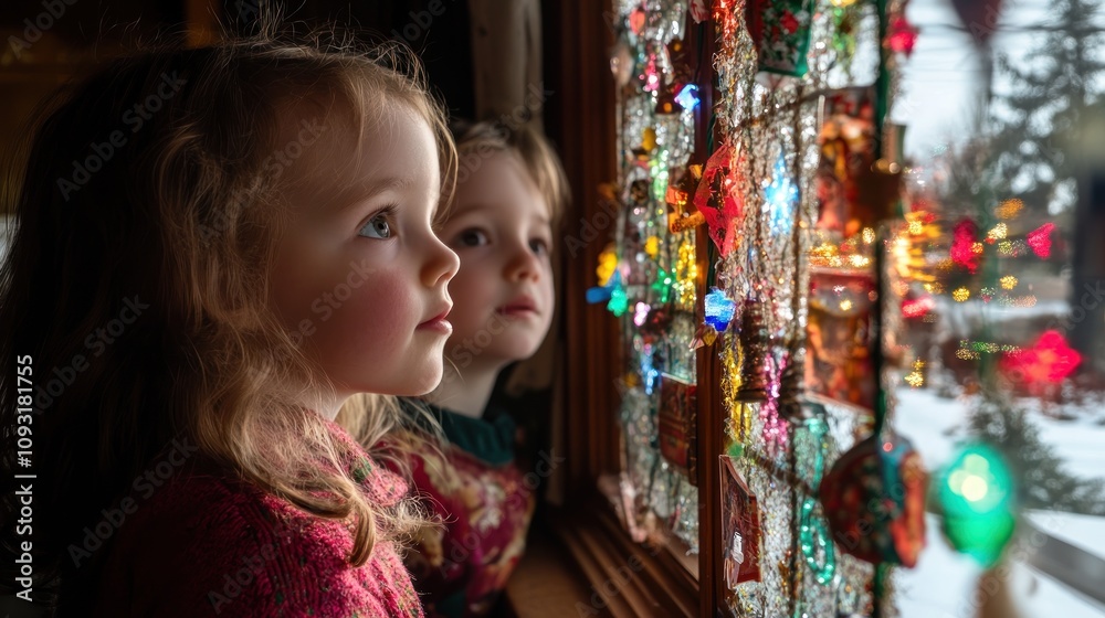 Children Gaze at a Festive Christmas Window Display Children Gaze at a Festive Christmas Window Display