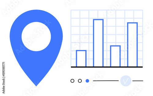 Blue location pin next to a bar graph with grid overlay and interface elements. Ideal for data analysis, business reports, location tracking, performance metrics, financial overview, user interface