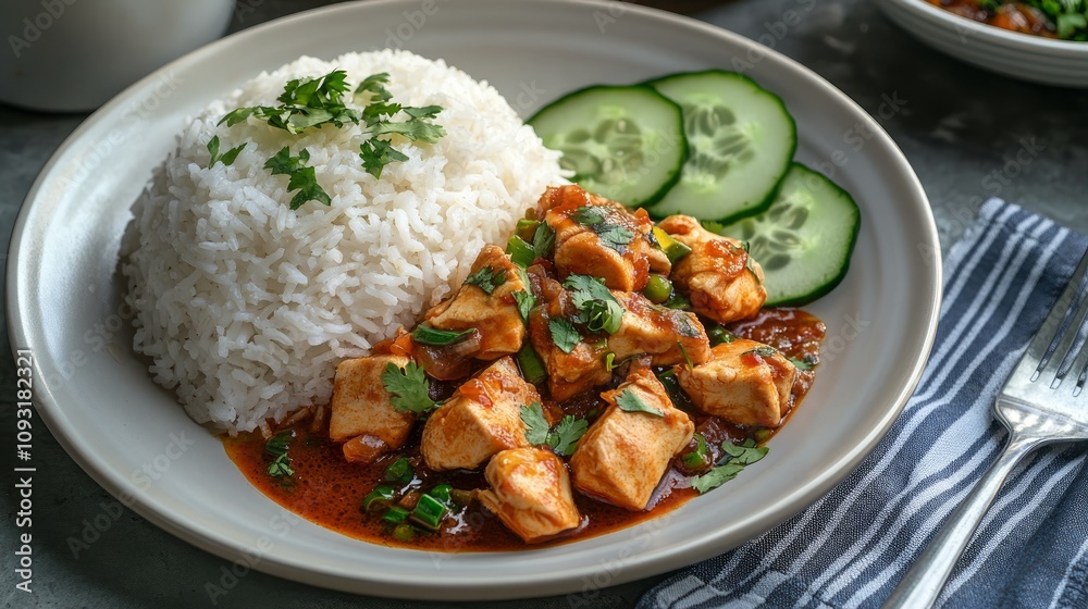 Delicious chicken curry served with steamed rice and cucumber slices on a plate. Delicious chicken curry served with steamed rice and cucumber slices on a plate.