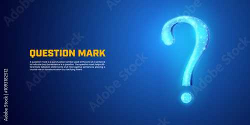 Digital question mark in dark blue background, futuristic galaxy concept with low poly wireframe style suitable for FAQ, customer service, QA question and answer support.