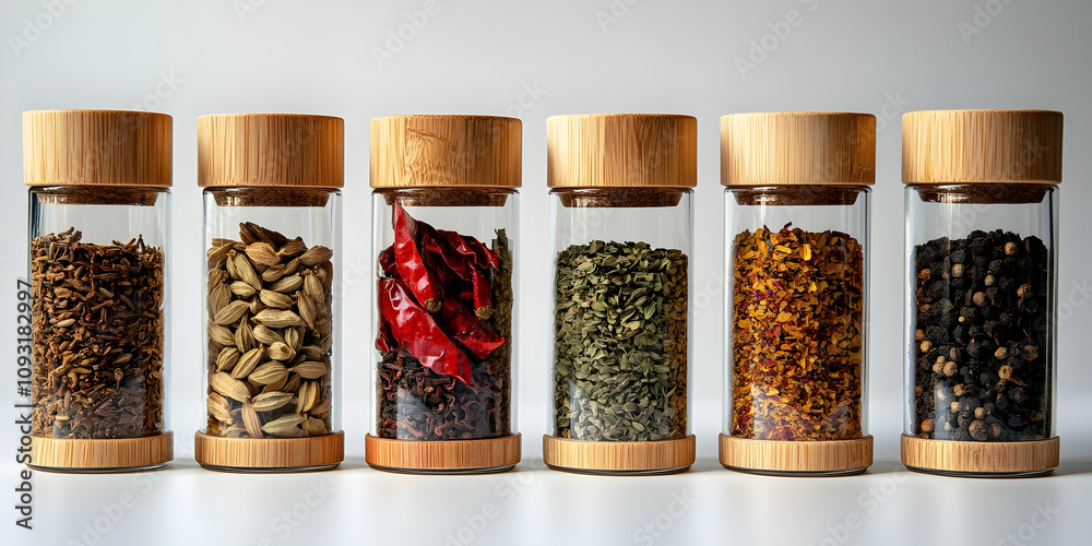 Photo Assorted Spices in Glass Jars with Bamboo Lids Photo Assorted Spices in Glass Jars with Bamboo Lids