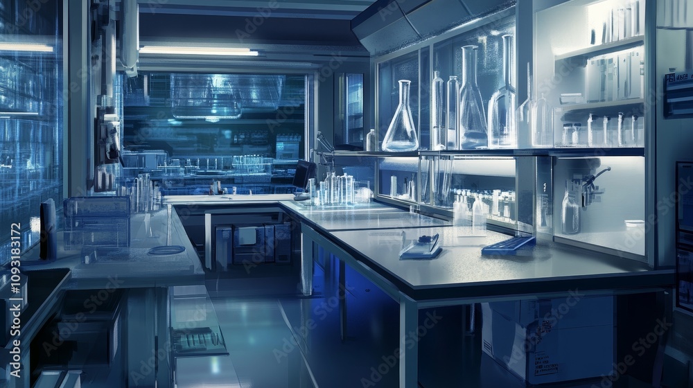 Empty research laboratory with sterile white walls and stainless steel tables. The absence of activity symbolizes potential and the promise of future discoveries. Empty research laboratory with sterile white walls and stainless steel tables. The absence of activity symbolizes potential and the promise of future discoveries.