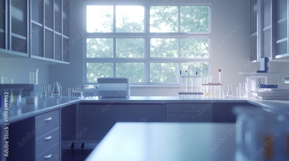 Empty research laboratory with sterile white walls and stainless steel tables. The absence of activity symbolizes potential and the promise of future discoveries.