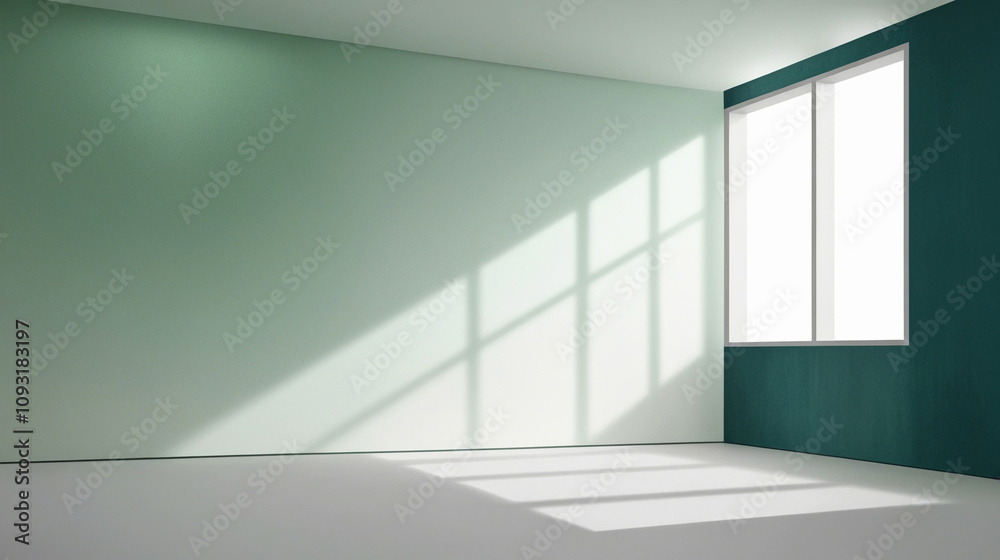Abstract green studio background. Empty room with shadows of window. Abstract green studio background. Empty room with shadows of window.