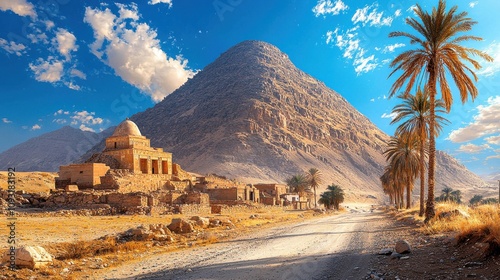 Exploring the majestic benben pyramid framed by towering palm trees under a clear sky egypt scenic landscape photography desert environment captivating viewpoint natural wonders photo