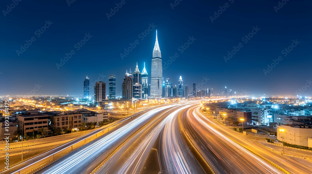 Obraz premium Cityscape, nighttime, illuminated skyscrapers, highway traffic trails, urban landscape