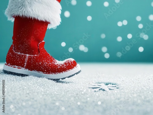 Santa s boots leaving footprints in glittering snow, whimsical Christmas backdrop, 3D illustration photo