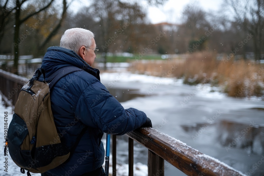 An elderly man with a backpack stands near a frozen waterway, reflecting on nature's beauty and the passage of time amidst a serene snowy landscape. An elderly man with a backpack stands near a frozen waterway, reflecting on nature's beauty and the passage of time amidst a serene snowy landscape.
