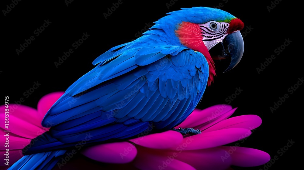 Obraz premium Vibrant and Colorful Parrot Perched Gracefully on a Delicate Branch Against a Striking Background of Pink Flowers