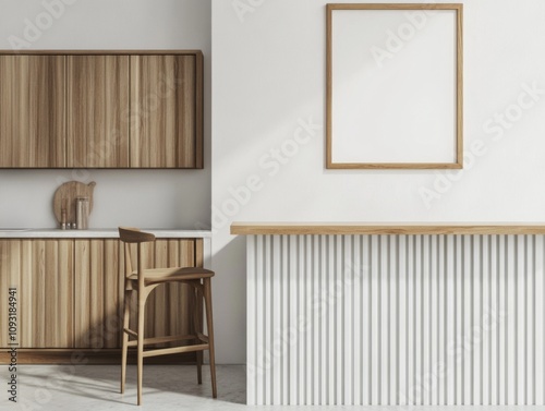 Small Kitchen Island with White Stripes, Wooden Cabinets, and Blank Poster Frame in Minimalist Design