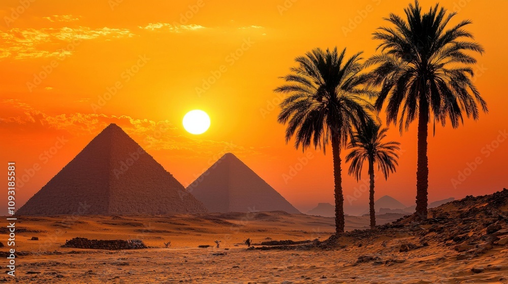 Captivating silhouettes of benben pyramid and palm trees at sunset egypt landscape photography desert environment dramatic viewpoint nature's beauty