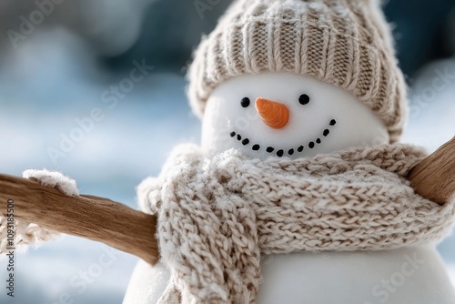 A delightful snowman adorned with a knitted hat, scarf, and orange carrot nose presents a whimsical touch to winter landscapes, radiating warmth and cheerfulness. photo