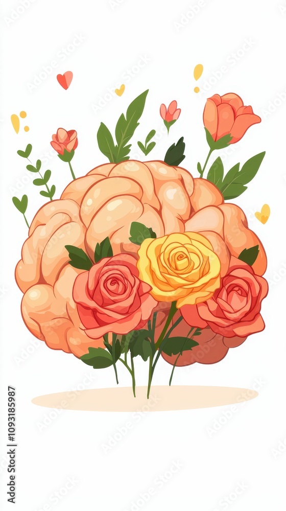 Fototapeta premium Artistic Representation of a Brain Surrounded by Colorful Roses and Leaves Creating a Unique Blend of Nature and Cognition in a Whimsical Design
