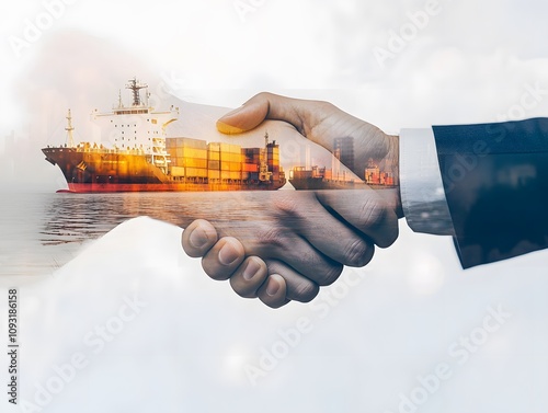 Business Partnership and Maritime Cooperation Symbolized by Shaking Hands with a Container Ship in the Background for Commercial and Trade Concepts photo