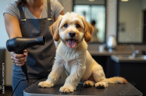 professional groomer blow-dries dog's fur photo