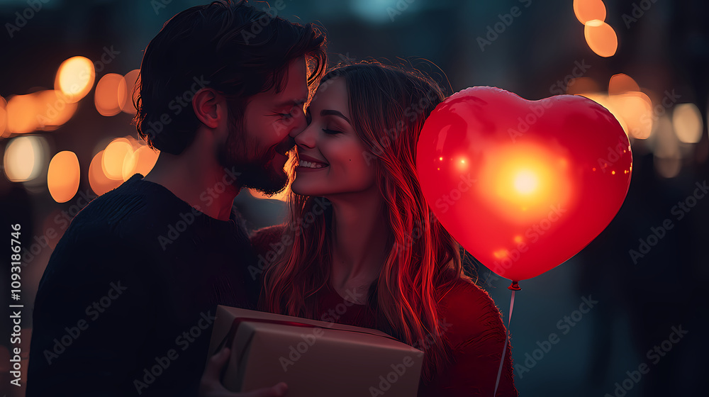 A smiling couple embraces, holding a glowing red heart balloon, highlighting joy and romance with warm lighting in an enchanting, intimate setting. A smiling couple embraces, holding a glowing red heart balloon, highlighting joy and romance with warm lighting in an enchanting, intimate setting.
