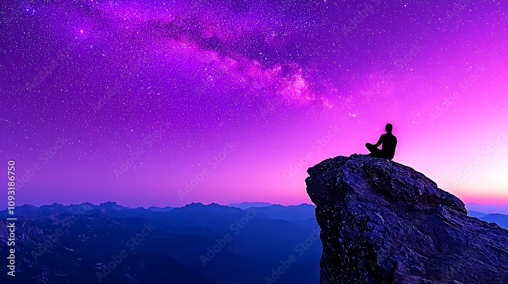 Contemplative Figure Sitting on the Edge of a Majestic Rock Overlooking a Starry Night Sky Filled with Vibrant Purple and Cosmic Wonders Contemplative Figure Sitting on the Edge of a Majestic Rock Overlooking a Starry Night Sky Filled with Vibrant Purple and Cosmic Wonders