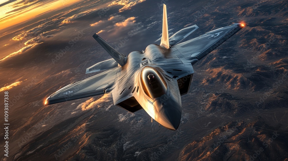 Fototapeta premium F-22 Raptor Stealth Fighter Jet Soaring Above Sunset Desert Landscape