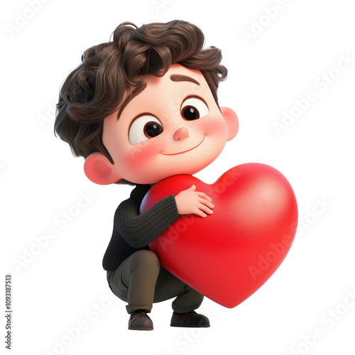 A 3D character kneeling with an oversized heart as a romantic gesture.