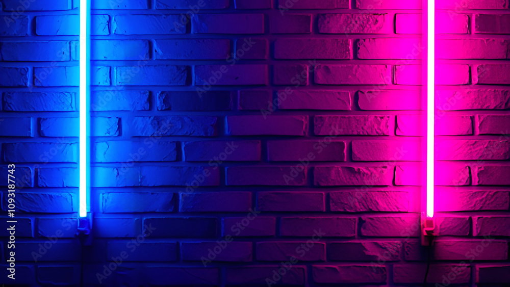 Background of brick wall texture. Purple and blue neon light. Vector illustration.
