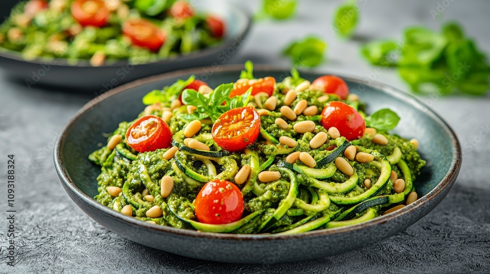 Fresh and healthy zucchini noodles with pesto sauce kitchen food photography contemporary close-up culinary delight Fresh and healthy zucchini noodles with pesto sauce kitchen food photography contemporary close-up culinary delight