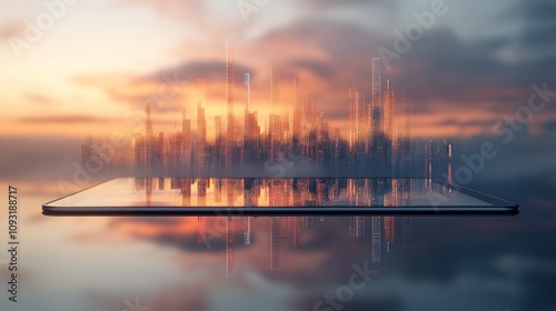 Futuristic skyline reflecting on a digital surface. photo