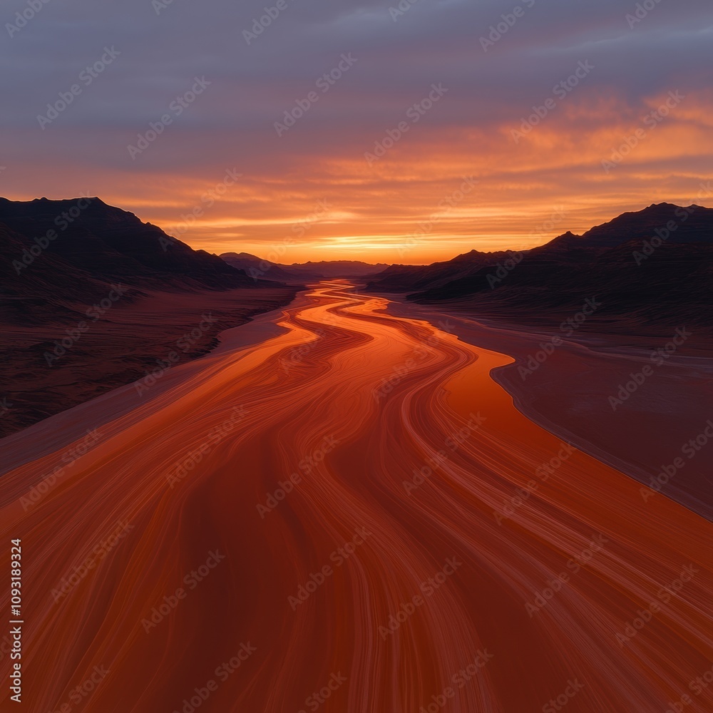 Naklejka premium Fiery sunset paints the desert landscape with warm hues as a winding river reflects the vibrant sky. A breathtaking scene of nature's beauty.