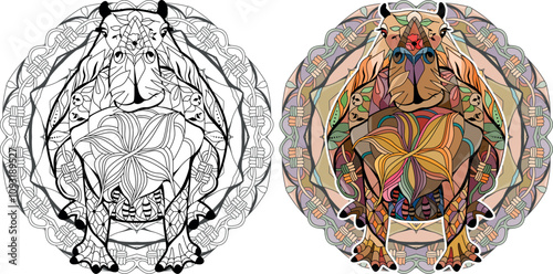 Zentangle stylized Capybara for coloring book on mandala. Hand drawn decorative vector illustration. Color and outline set