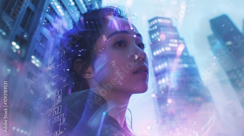 Wallpaper Mural Futuristic cityscape with towering skyscrapers glowing neon lights and a panoramic view of the modern metropolitan area at night Torontodigital.ca